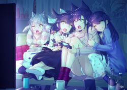 Rule 34 | 4girls, animal ears, ass, atago (azur lane), azur lane, black hair, bottle, breasts, brown eyes, cardigan, casual, choukai (azur lane), clenched teeth, clothes pull, commentary, controller, couch, covering own ears, crossed ankles, crying, crying with eyes open, curtains, dog ears, extra ears, flat chest, hair between eyes, hair flaps, hair ornament, half-closed eye, highres, holding, holding controller, hug, indoors, japanese clothes, kimono, knees up, large breasts, long hair, mappaninatta, maya (azur lane), medium breasts, mole, mole under eye, multiple girls, night, off shoulder, one eye closed, open mouth, pajamas, pants, pillow, playing games, ponytail, scared, screen light, shirt, shirt pull, short hair, siblings, signature, silver hair, sisters, sitting, slippers, socks, stuffed animal, stuffed toy, sweat, swept bangs, table, takao (azur lane), tears, teeth, television, thighs, very long hair, watching television, when you see it