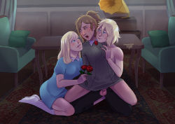 Rule 34 | 1boy, 2girls, absurdres, alois trancy, bisexual female, blonde hair, blue eyes, blush, breasts, brown eyes, clothed sex, commission, crossover, flower, grabbing, grin, groping, highres, jennifer (rule of rose), kuroshitsuji, looking at another, magnta, moaning, multiple girls, penis, rose, rule of rose, sex, smile, spread legs, sweat, testicles, topless male, uncensored, vaginal, wendy (rule of rose), wince
