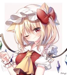 Rule 34 | 1girl, ;), animal ears, artist name, ascot, bad id, bad twitter id, blonde hair, blush, border, bow, breasts, cat ears, closed mouth, commentary request, crystal, eyes visible through hair, fang, flandre scarlet, frilled shirt collar, frills, hair between eyes, hair bow, hat, highres, kemonomimi mode, looking at viewer, medium breasts, medium hair, mob cap, one eye closed, one side up, paw pose, pudding (skymint 028), puffy short sleeves, puffy sleeves, red bow, red eyes, red vest, short sleeves, signature, simple background, skin fang, smile, solo, touhou, upper body, vest, white background, white hat, wings, yellow ascot