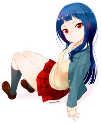 Rule 34 | 1girl, 2015, black socks, blazer, blue hair, dated, from side, full body, jacket, kneehighs, loafers, long hair, looking at viewer, nagian, open clothes, open jacket, plaid, plaid skirt, red eyes, school uniform, shoes, simple background, sitting, skirt, smile, socks, solo, sweater, tendouji musubi, tokyo 7th sisters, white background