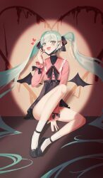 Rule 34 | 1girl, absurdres, bandaid, bandaid on neck, between legs, black nails, blood, blood on hands, commentary, fangs, full body, graffiti, hair ornament, hand between legs, hand up, hatsune miku, head tilt, heart, heart hair ornament, highres, jewelry, long hair, long sleeves, looking at viewer, mask, mouth mask, nail polish, open mouth, ribbon, sana (sanapri11), shirt, simple background, sitting, skirt, smile, socks, solo, spotlight, twintails, vampire (vocaloid), very long hair, vocaloid, white socks