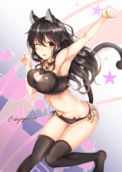 Rule 34 | 10s, 1girl, ;), animal ears, arm up, armpits, bell, black hair, black thighhighs, blush, breasts, cat cutout, cat ear panties, cat ears, cat lingerie, choker, cleavage, cleavage cutout, clenched hand, clothing cutout, hair ornament, hairclip, haruna (kancolle), highres, jingle bell, kantai collection, kemonomimi mode, kono (uiyoyo199), large breasts, long hair, looking at viewer, meme attire, navel, neck bell, one eye closed, open mouth, panties, red eyes, side-tie panties, smile, solo, star (symbol), tail, thighhighs, twitter username, underwear