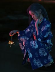 Rule 34 | 1girl, 3d, atari kuji, blue kimono, floral print, highres, japanese clothes, kimono, long hair, original, print kimono, sandals, solo, yukata