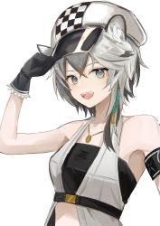 Rule 34 | 1girl, :d, animal ear fluff, animal ears, arknights, arm up, azuazu 0405, bare shoulders, black gloves, breasts, cabbie hat, checkered clothes, checkered headwear, cliffheart (arknights), collarbone, female focus, gloves, grey eyes, grey hair, hair between eyes, hand on headwear, hat, highres, leopard ears, open mouth, short hair, simple background, small breasts, smile, solo, upper body, white background