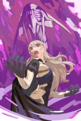 1girl absurdres alternate_form armor arms_up black_cape cape commentary_request corrin_(female)_(fire_emblem) corrin_(fire_emblem) dragon fire_emblem fire_emblem_fates grey_hair hair_between_eyes highres kucheat_zg long_hair looking_at_viewer nintendo open_mouth pointy_ears red_eyes standing teeth