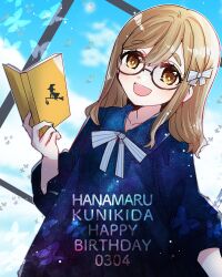 Rule 34 | 1girl, :d, blue dress, blue sky, book, bow, brown eyes, brown hair, bug, butterfly, character name, collarbone, dated, double-parted bangs, dress, glasses, hair bow, happy birthday, highres, holding, holding book, insect, kanduki kamibukuro, kunikida hanamaru, long hair, looking at viewer, love live!, love live! sunshine!!, neck ribbon, open book, open mouth, ribbon, semi-rimless eyewear, sky, sleeves past elbows, smile, solo, starry sky print, thick eyebrows, white bow, white ribbon