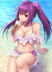 1girl bare_shoulders beach bikini bracelet breasts chuppa_(katotsuba) cleavage collarbone fate/grand_order fate_(series) flower food hair_between_eyes hair_flower hair_ornament ice_cream ice_cream_cone jewelry large_breasts long_hair looking_at_viewer microskirt navel purple_bikini purple_hair red_eyes scathach_(fate) scathach_skadi_(fate) scathach_skadi_(swimsuit_ruler)_(fate) scathach_skadi_(swimsuit_ruler)_(first_ascension)_(fate) see-through_clothes shore sitting skirt smile solo swimsuit thighs tongue tongue_out twintails