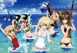 Rule 34 | &gt;:d, 10s, 6+girls, :d, ;d, aircraft carrier, anchovy (girls und panzer), arms up, artist request, bikini, black bikini, blonde hair, blue eyes, braid, breasts, brown hair, camcorder, camouflage, camouflage bikini, casual one-piece swimsuit, cleavage, cloud, cloudy sky, darjeeling (girls und panzer), day, drill hair, fang, flag print, frilled swimsuit, frills, garrison cap, girls und panzer, green hair, hair ribbon, hat, highres, holding, italian flag, italian flag bikini, katyusha (girls und panzer), kay (girls und panzer), long hair, looking at another, looking at viewer, medium breasts, military, military vehicle, multiple girls, navel, nishizumi maho, nonna (girls und panzer), ocean, official art, one-piece swimsuit, one eye closed, open mouth, outdoors, outstretched arms, print bikini, red one-piece swimsuit, ribbon, scan, ship, short hair, side-tie bikini bottom, sky, small breasts, smile, splashing, swimsuit, twin drills, twintails, v-shaped eyebrows, video camera, wading, warship, water gun, watercraft, white one-piece swimsuit