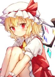 Rule 34 | 1girl, ascot, bare legs, blonde hair, blush, commentary request, crystal, feet out of frame, flandre scarlet, frilled shirt collar, frills, hat, hat ribbon, honotai, knees up, looking at viewer, mob cap, one side up, petticoat, pointy ears, red eyes, red ribbon, red skirt, red vest, ribbon, short hair, simple background, sitting, skirt, skirt set, socks, solo, thighs, touhou, vest, white background, white hat, white socks, wings, wrist cuffs, yellow ascot