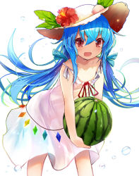 Rule 34 | 1girl, alternate costume, blue hair, blush, bubble, collarbone, cowboy shot, dress, efe, eyebrows, flower, food, fruit, hat, hat flower, hibiscus, hinanawi tenshi, long hair, looking at viewer, open mouth, peach, red eyes, see-through silhouette, simple background, smile, solo, standing, sun hat, sundress, touhou, translucent, water drop, watermelon, white background, white dress