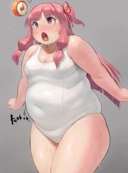 Rule 34 | + +, 1girl, bare shoulders, blunt bangs, blush, breasts, cleavage, commentary request, covered navel, cowboy shot, fat, food, good meat day, grey background, highres, kotonoha akane, long hair, low-tied long hair, medium breasts, no nose, one-piece swimsuit, open mouth, oruka (kamituki0827), outstretched arms, pink eyes, pink hair, sidelocks, sleeveless, solo, sparkle, sushi, sweat, swimsuit, tareme, thick arms, thick thighs, thighs, tongue, voiceroid, white one-piece swimsuit