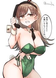 Rule 34 | 1girl, alternate costume, animal ears, bare shoulders, between breasts, black necktie, blush, bow, bowtie, breasts, brown eyes, brown hair, cleavage, covered navel, detached collar, embarrassed, fake animal ears, fake tail, green leotard, highleg, highleg leotard, highres, kantai collection, large breasts, leotard, long hair, looking at viewer, matsunaga (haku), necktie, ooi (kancolle), playboy bunny, rabbit ears, rabbit tail, solo, speech bubble, strapless, strapless leotard, tail, wrist cuffs