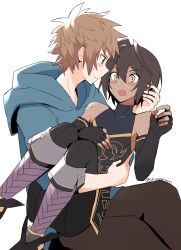 Rule 34 | 2boys, absurdres, black gloves, black hair, blush, boots, brown eyes, brown hair, carrying, commentary request, dark-skinned male, dark skin, elbow gloves, eyelashes, fingerless gloves, gloves, gran (granblue fantasy), granblue fantasy, hair between eyes, highres, jamil (granblue fantasy), knee boots, looking at another, male focus, multiple boys, open mouth, princess carry, profile, scar, scar on face, scar on shoulder, short hair, simple background, sitting, sleeveless, surprised, sweat, trap, urjuwanwan, white background, white scars, wide-eyed, yaoi, yellow eyes