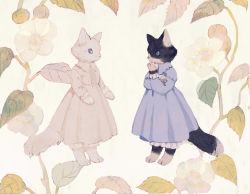 Rule 34 | animal, animal focus, bloomers, blue dress, blue eyes, cat, clothed animal, crossed arms, dress, floral background, frilled shirt collar, frills, hand to own mouth, long dress, long sleeves, no humans, original, standing, tono (rt0no), underwear, white cat, white dress