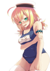 Rule 34 | 10s, 1girl, adjusting clothes, adjusting legwear, bad id, bad pixiv id, blonde hair, blush, breasts, glasses, green eyes, hat, highres, i-8 (kancolle), kantai collection, large breasts, low twintails, muo, name tag, one-piece swimsuit, peaked cap, school swimsuit, solo, swimsuit, twintails, white legwear