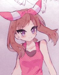 Rule 34 | 1girl, artist request, bare shoulders, blue eyes, blush, bow, breasts, brown hair, collarbone, creatures (company), game freak, grey background, hair bow, hair ornament, hair ribbon, may (pokemon), may (pokemon oras), nintendo, pokemon, pokemon oras, red shirt, ribbon, shirt, simple background, sleeveless, sleeveless shirt, small breasts, smile, solo, traditional media