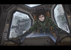 Rule 34 | 1girl, absurdres, breasts, brown eyes, brown hair, cockpit, glasses, harness, highres, leaning forward, letterboxed, mecha, medium breasts, military, original, parted lips, pilot suit, robot, science fiction, short hair, sitting, smile, solo, zen (jirakun)