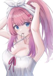 Rule 34 | 1girl, blue eyes, breasts, camisole, chaconne (kxxx s8), commentary request, gradient hair, hair ornament, hair tie in mouth, hairclip, highres, kuramochi meruto, long hair, medium breasts, mouth hold, multicolored hair, nijisanji, pink hair, purple hair, solo, virtual youtuber, white camisole