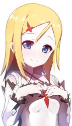 Rule 34 | 1girl, absurdres, bad id, bad twitter id, blonde hair, blue eyes, blush, breasts, closed mouth, collarbone, commentary request, copyright request, dress, forehead, hair between eyes, hair ornament, hairclip, hands up, head tilt, highres, long hair, long sleeves, looking at viewer, nose blush, sidelocks, simple background, small breasts, smile, solo, wada kazu, white background, white dress