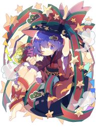Rule 34 | 1girl, ;t, barefoot, bound ankles, bowl, bowl hat, cloud, commentary, green ribbon, hat, highres, holding, holding bowl, holding mallet, in bowl, in container, japanese clothes, kimono, looking at viewer, mallet, miracle mallet, multicolored ribbon, nikorashi-ka, obi, petticoat, purple eyes, purple hair, red kimono, red ribbon, ribbon, sash, short hair, solo, star (symbol), sukuna shinmyoumaru, touhou, wide sleeves