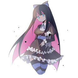 Rule 34 | 1girl, black dress, black hair, blue bow, blue eyes, blue ribbon, blunt bangs, bow, colored inner hair, dress, frills, gothic lolita, hair bow, highres, honekoneko (psg), lolita fashion, long hair, long sleeves, mmuimumu, multicolored hair, panty &amp; stocking with garterbelt, pink hair, ribbon, simple background, solo, stocking (psg), streaked hair, striped clothes, striped thighhighs, stuffed animal, stuffed cat, stuffed toy, thighhighs, two-tone hair, very long hair, white background