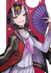 Rule 34 | 1girl, absurdres, black jacket, bob cut, breasts, commentary request, eyeliner, fangs, fate/grand order, fate (series), headpiece, highres, horns, jacket, letterman jacket, long sleeves, looking at viewer, makeup, oni, open clothes, open jacket, open mouth, pleated skirt, purple eyes, purple hair, purple neckwear, purple shirt, purple skirt, red background, sailor collar, school uniform, serafuku, shirt, short eyebrows, short hair, shuten douji (fate), skin-covered horns, skirt, small breasts, smile, solo, yoshio (55level)