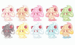 Rule 34 | alcremie, alcremie (caramel swirl), alcremie (lemon cream), alcremie (matcha cream), alcremie (mint cream), alcremie (rainbow swirl), alcremie (ruby cream), alcremie (ruby swirl), alcremie (salted cream), alcremie (strawberry sweet), alcremie (vanilla cream), alternate color, closed mouth, creatures (company), food, fruit, game freak, gen 8 pokemon, heart, heart-shaped pupils, highres, looking at viewer, nintendo, no humans, pikomarie, pokemon, pokemon (creature), red eyes, shiny and normal, shiny pokemon, simple background, strawberry, symbol-shaped pupils, white background