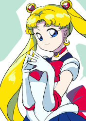 Rule 34 | 1girl, absurdres, akkasayu, back bow, bishoujo senshi sailor moon, blonde hair, blue eyes, blue sailor collar, blue skirt, bow, bowtie, choker, closed mouth, crescent, double bun, earrings, elbow gloves, gloves, gold earrings, hair bun, hair intakes, hair ornament, heart, highres, jewelry, long hair, looking at viewer, magical girl, pleated skirt, red bow, red bowtie, red choker, sailor collar, sailor moon, sailor senshi, sailor senshi uniform, short sleeves, skirt, smile, solo, tsukino usagi, twintails, very long hair, white gloves