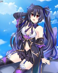 Rule 34 | 1girl, armpits, bare shoulders, black hair, blush, bow, breasts, chaos noire, cloud, cowboy shot, garter straps, highres, lewdkuma, long hair, looking at viewer, medium breasts, miniskirt, neptune (series), noire (neptunia), outdoors, red eyes, ribbon, skirt, sky, smile, solo, standing, twintails