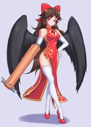 1girl alternate_costume arm_cannon bird_wings black_wings bow breasts brown_hair china_dress chinese_clothes closed_mouth commentary dress english_commentary grey_background hair_bow high_heels highres long_hair mixed-language_commentary red_bow red_dress red_eyes red_footwear reiuji_utsuho simple_background superchrim thighhighs third_eye touhou very_long_hair weapon white_thighhighs wings