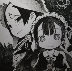 Rule 34 | 1boy, 1girl, age difference, black eyes, capelet, greyscale, hair between eyes, light smile, looking at viewer, made in abyss, maid headdress, maruruk, monochrome, no pupils, ozen, signature, sweatdrop, traditional media, tsukushi akihito, upper body, wavy mouth, whistle, whistle around neck