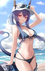 Rule 34 | 1girl, absurdres, adjusting eyewear, arknights, arm up, bare arms, bare shoulders, baseball cap, beach, bikini, black bikini, blue hair, breasts, ch&#039;en (arknights), ch'en (arknights), cleavage, clothes pull, cowboy shot, day, dragon horns, dragon tail, eyewear on headwear, female tourist c (arknights), front-tie bikini top, front-tie top, glint, halterneck, hand on eyewear, hat, highres, horns, horns through headwear, large breasts, long hair, looking at viewer, mirufuaa, multi-strapped bikini, navel, ocean, outdoors, parted lips, ponytail, red eyes, shorts, shorts pull, sidelocks, solo, stomach, strap gap, string bikini, sunglasses, swimsuit, tail, thighs, wet, white hat