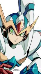 Rule 34 | 1boy, absurdres, arm cannon, armor, artist name, falcon armor x (mega man), green eyes, helmet, highres, looking to the side, mega man (series), mega man x (series), simple background, solo, twitter username, upper body, weapon, white background, windnevermind, x (mega man)