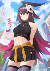 Rule 34 | 1girl, abs, absurdres, bare shoulders, belt, belt buckle, black hair, black nails, blue sky, bone, breasts, buckle, building, cellphone, chest belt, city, cloud, colored inner hair, dapiko (duel masters), duel masters, duel masters play&#039;s, highres, holding, holding phone, jewelry, kataku musou, long hair, looking at viewer, midriff, multicolored hair, multiple belts, nail polish, navel, necklace, outdoors, phone, purple eyes, purple hair, purple nails, ring, short shorts, shorts, skindentation, skull, skull belt, skull necklace, skull ornament, sky, sleeveless, solo, standing, stomach, thick thighs, thighhighs, thighs