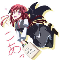 Rule 34 | 1girl, :d, arm garter, bag, bat wings, black pantyhose, blush, breasts, comiket, embodiment of scarlet devil, fang, female focus, flying, head wings, heart, koa (phrase), koakuma, long hair, medium breasts, necktie, open mouth, pantyhose, red eyes, red hair, shirt, shoes, skirt, skirt set, smile, solo, touhou, translation request, tri, v arms, very long hair, vest, wings