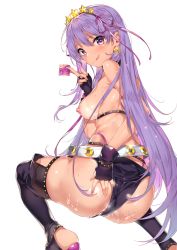 Rule 34 | 1girl, :q, bad id, bad pixiv id, bb (fate), bb (fate) (all), bb (swimsuit mooncancer) (fate), bb (swimsuit mooncancer) (second ascension) (fate), belt, bikini, bikini bottom only, black legwear, blush, breasts, commentary request, condom, cum, cum on ass, cum on body, earrings, fate/grand order, fate (series), fingerless gloves, fingernails, from behind, gloves, gold trim, hair between eyes, hand on own ass, headband, highres, holding, jewelry, large breasts, long hair, looking at viewer, looking back, micro shorts, nail polish, nipples, purple eyes, purple hair, shorts, solo, star (symbol), swimsuit, tan, tanline, tongue, tongue out, yuran
