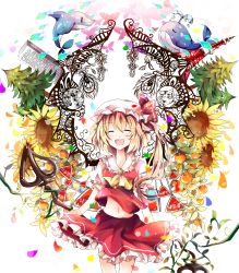 Rule 34 | 1girl, ascot, azumamutuki, bad id, bad pixiv id, blonde hair, cat, colorful, dolphin, closed eyes, female focus, flandre scarlet, flower, highres, laevatein, open mouth, short hair, side ponytail, skirt, skirt set, smile, solo, sunflower, tokyo tower, touhou, tree, whale, wings