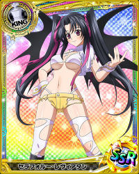 Rule 34 | 10s, 1girl, black hair, bra, breasts, card (medium), character name, chess piece, cleavage, demon wings, hair ribbon, high school dxd, king (chess), large breasts, long hair, navel, official art, purple eyes, purple ribbon, ribbon, serafall leviathan, short shorts, shorts, smile, solo, thighhighs, torn clothes, torn thighhighs, trading card, twintails, underboob, underwear, white bra, white thighhighs, wings