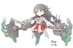 Rule 34 | 1girl, armor girls project, black hair, boots, brown eyes, camouflage, cannon, dazzle paint, detached sleeves, full body, hair ornament, hairband, hairclip, haruna (kancolle), headgear, highres, hime (himesama 2c), japanese clothes, kantai collection, long hair, nontraditional miko, red skirt, ribbon-trimmed sleeves, ribbon trim, rigging, sarashi, skirt, solo, standing, thigh boots, thighhighs, turret