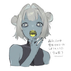 Rule 34 | 1girl, 5tsukado, bare shoulders, black nails, blue eyes, brown hair, colored tongue, double bun, fingernails, hair bun, light brown hair, looking at viewer, nail polish, open mouth, original, portrait, short hair, simple background, sketch, solo, star-shaped pupils, star (symbol), symbol-shaped pupils, teeth, tongue, translation request, turtleneck, upper body, white background, yellow tongue