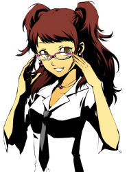 Rule 34 | 1girl, adjusting eyewear, atlus, bad id, bad pixiv id, blouse, breasts, brown eyes, cleavage, collared shirt, dress shirt, fujino miyabi, glasses, high contrast, jewelry, kujikawa rise, necklace, necktie, persona, persona 4, pink-framed eyewear, red hair, shirt, simple background, smile, solo, twintails, upper body, white background, white shirt