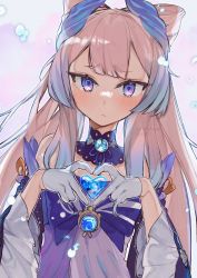 Rule 34 | 1girl, bare shoulders, blue bow, blunt bangs, blush, bow, brooch, closed mouth, detached collar, detached sleeves, dress, genshin impact, gloves, hair ornament, hands up, heart, heart hands, highres, jewelry, long hair, looking at viewer, pink hair, purple eyes, sangonomiya kokomi, solo, upper body, white gloves, wide sleeves, yun-yang