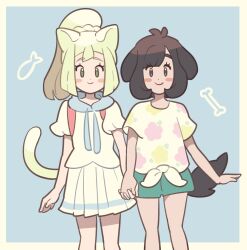 Rule 34 | animal ears, blue background, blue eyes, bone, cat ears, cat tail, creatures (company), dog ears, dog tail, fish, furrification, furry, game freak, green eyes, highres, holding hands, lillie (pokemon), loveycloud, nintendo, pokemon, pokemon sm, selene (pokemon), simple background, tail, yuri