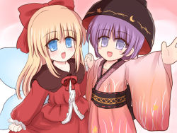 Rule 34 | 2girls, :d, blonde hair, blue eyes, bow, bowl, bowl hat, dress, hat, hourai doll, japanese clothes, kimono, long hair, long sleeves, looking at viewer, multiple girls, open mouth, outstretched arm, purple eyes, purple hair, ry (yagoyago), sash, shanghai doll, short hair, smile, sukuna shinmyoumaru, touhou, upper body, wide sleeves, wings