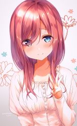 Rule 34 | 1girl, amedamacon, blush, brown hair, closed mouth, collarbone, commentary request, dress, eyes visible through hair, floral background, go-toubun no hanayome, gradient background, grey background, hair over one eye, hand up, highres, juliet sleeves, long hair, long sleeves, looking at viewer, nakano miku, puffy sleeves, smile, solo, upper body, v, white dress