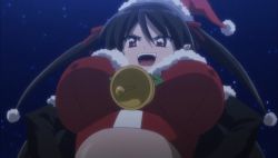 Rule 34 | 1girl, animated, animated gif, bell, black hair, bloody celica, bouncing breasts, breasts, covered erect nipples, fight ippatsu! juuden-chan!!, large breasts, santa claus, solo