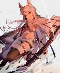 Rule 34 | 1girl, absurdres, animal ear fluff, animal ears, arknights, black footwear, black gloves, boots, bow (weapon), brown eyes, commentary, gloves, high collar, highres, holding, holding bow (weapon), holding weapon, jacket, long hair, long sleeves, looking at viewer, midriff, navel, platinum (arknights), s2rid, short shorts, shorts, silver hair, solo, stomach, thighhighs, weapon, white jacket, white shorts, wide sleeves