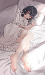 Rule 34 | 1girl, barefoot, black hair, blush, eluthel, feet, highres, idolmaster, idolmaster shiny colors, looking at viewer, lying, medium hair, morino rinze, nightgown, on side, parted lips, red eyes, soles, toes