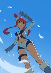 Rule 34 | 1girl, arm up, blue eyes, blue footwear, blue gloves, blue jacket, blue shorts, boots, commentary request, creatures (company), cropped jacket, day, feathers, from below, game freak, gloves, hair ornament, highres, ia (ilwmael9), jacket, knees, nintendo, one side up, outdoors, pokemon, pokemon bw, pouch, red hair, short hair with long locks, short shorts, shorts, sidelocks, sky, skyla (pokemon), smile, solo, thigh pouch