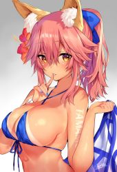 Rule 34 | 10s, 1girl, animal ear fluff, animal ears, bare shoulders, bikini, blue bikini, blush, breasts, character name, cleavage, collarbone, fate/extra, fate (series), fox ears, gradient background, grey background, hair between eyes, jewelry, large breasts, long hair, looking at viewer, mataro (matarou), necklace, parted lips, solo, swimsuit, tamamo (fate), tamamo no mae (fate/extra)
